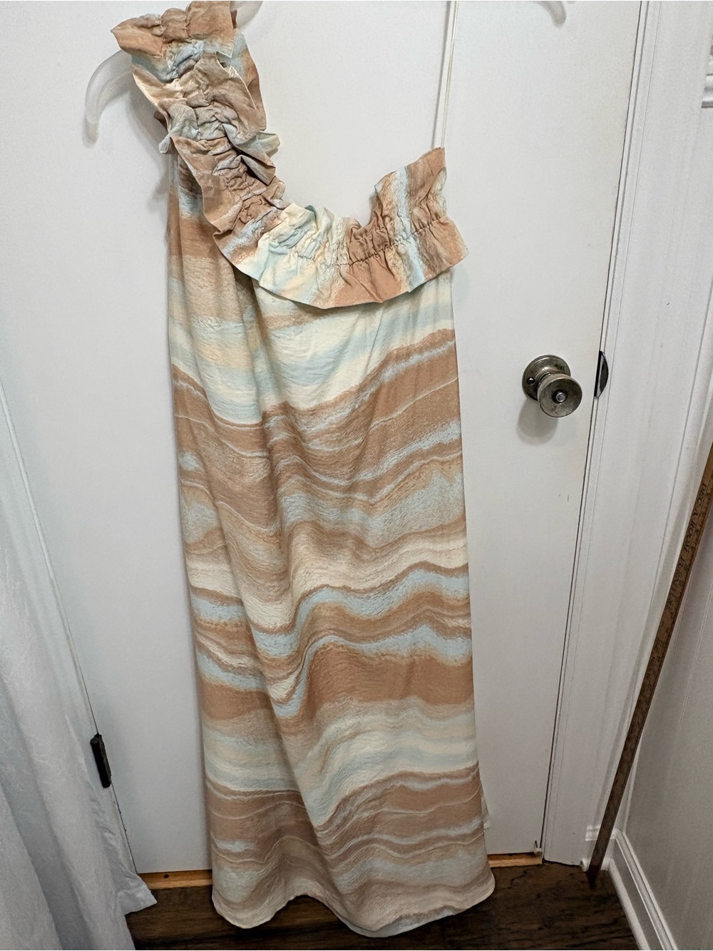 One-Shoulder Ruffle Coastal Vacation Cruise  Maxi Dress in Beige & Light Blue
